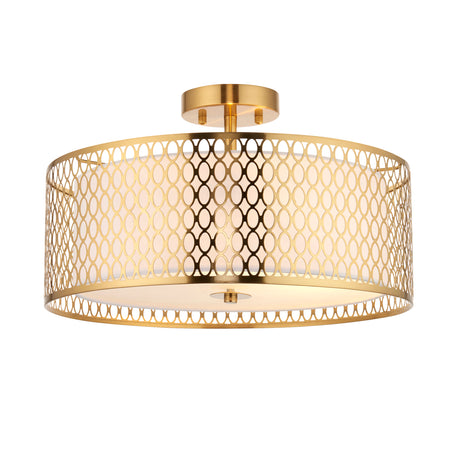 Lacona Corvus 3Lt Indoor Flush Light In Gold Effect Plate, White Fabric & Frosted Glass Finish - Lacona Home 