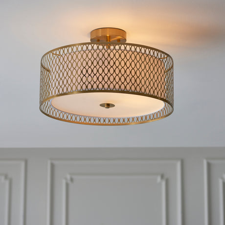 Lacona Corvus 3Lt Indoor Flush Light In Gold Effect Plate, White Fabric & Frosted Glass Finish - Lacona Home 