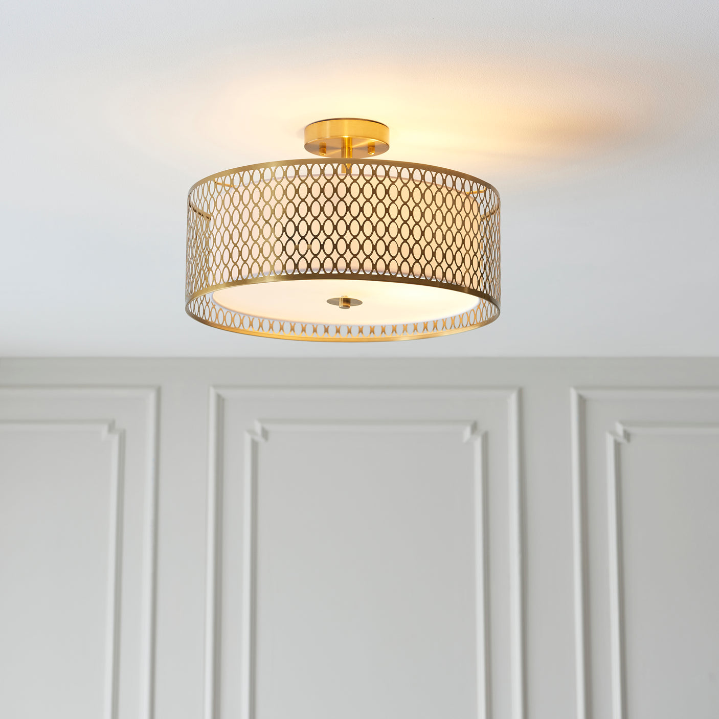 Lacona Corvus 3Lt Indoor Flush Light In Gold Effect Plate, White Fabric & Frosted Glass Finish - Lacona Home 