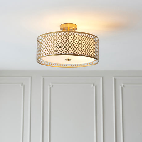 Lacona Corvus 3Lt Indoor Flush Light In Gold Effect Plate, White Fabric & Frosted Glass Finish - Lacona Home 