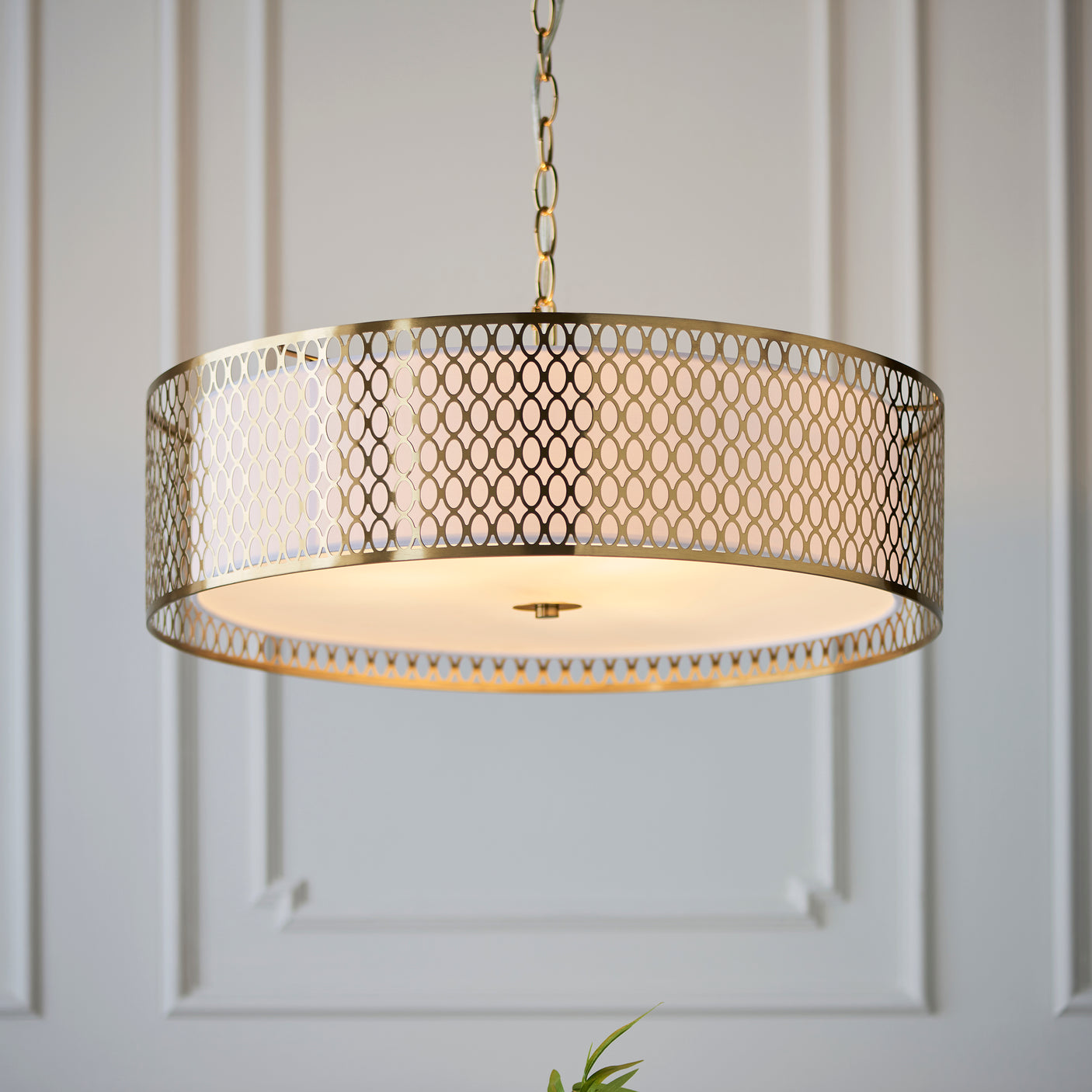 Lacona Corvus 3Lt Indoor Pendant Light In Gold Effect Plate, White Fabric & Frosted Glass Finish - Lacona Home 