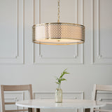 Lacona Corvus 3Lt Indoor Pendant Light In Gold Effect Plate, White Fabric & Frosted Glass Finish - Lacona Home 