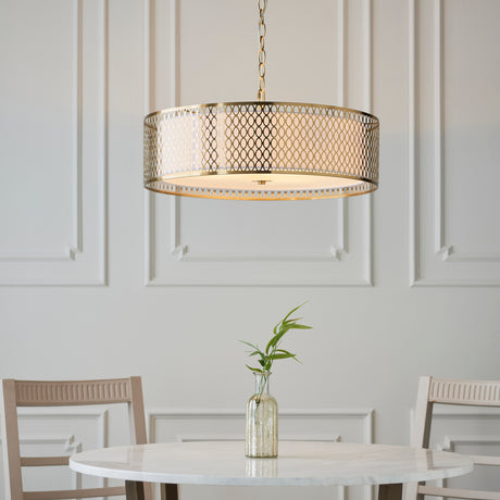 Lacona Corvus 3Lt Indoor Pendant Light In Gold Effect Plate, White Fabric & Frosted Glass Finish - Lacona Home 