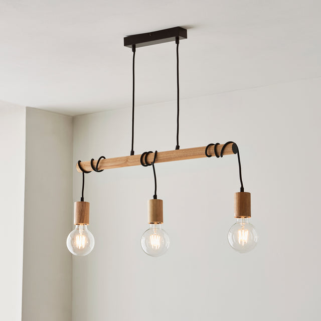 Lacona Norseman 3Lt Indoor Pendant Light In Matt Black & Natural Wood Finish - Lacona Home 