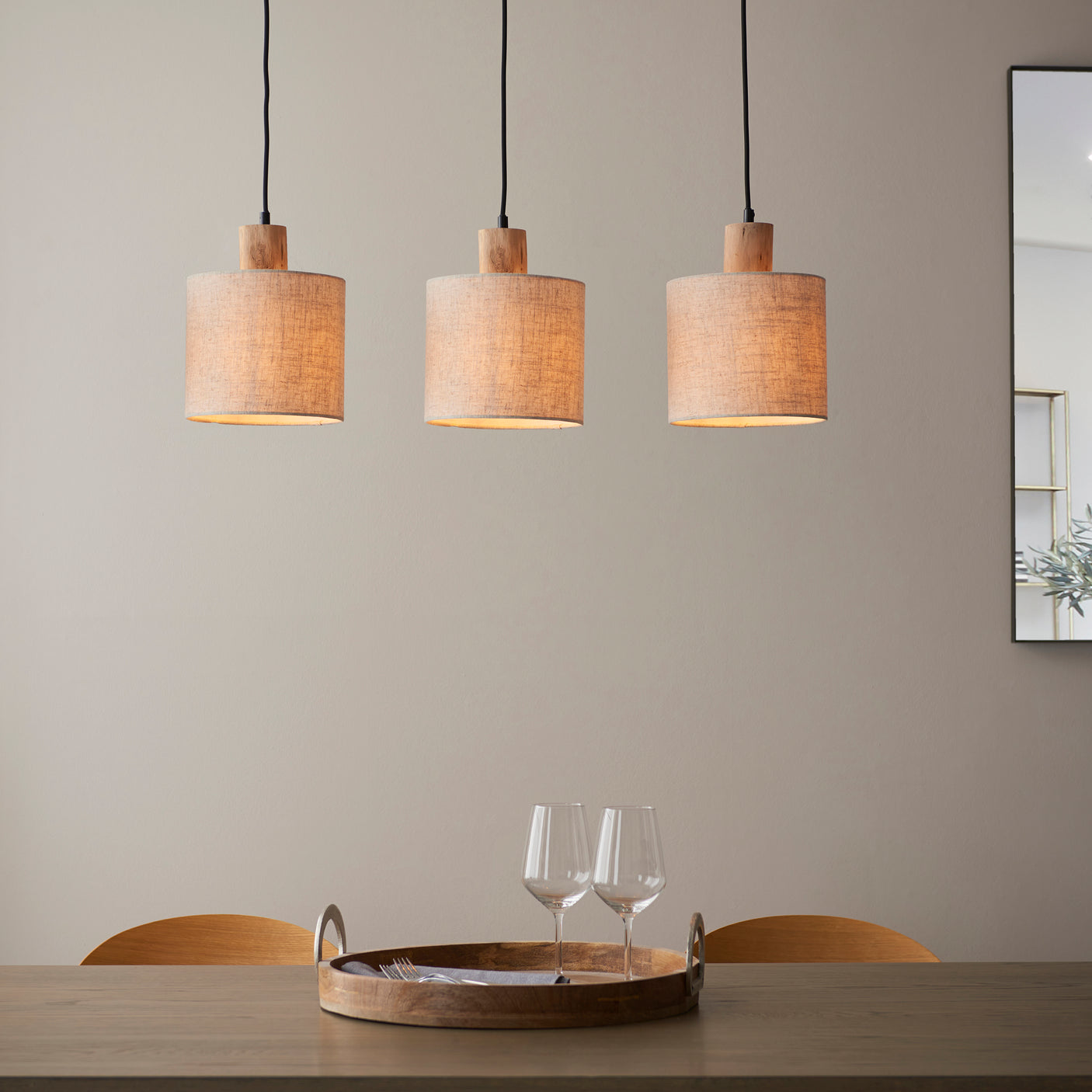 Lacona Durbanville 3Lt Indoor Pendant Light In Natural Eucalyptus Wood, Natural Linen & Matt Black Finish - Lacona Home 