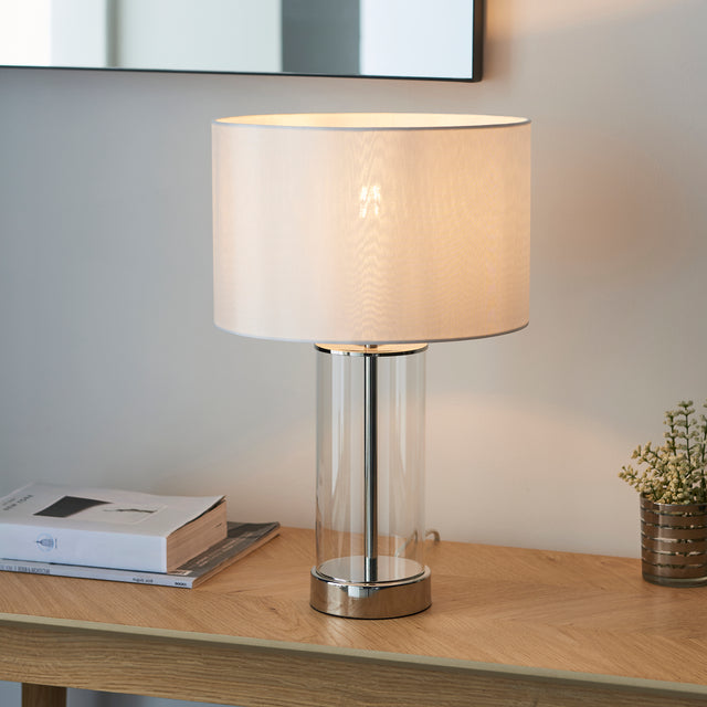 Lacona Serenity 1Lt Indoor Table Lamp In Bright Nickel Plate, Clear Glass & Vintage White Fabric Finish - Lacona Home 