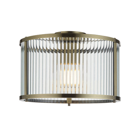 Lacona Ridgemont 1Lt Indoor Flush Light In Antique Brass Plate & Clear Ribbed Glass Finish - Lacona Home 