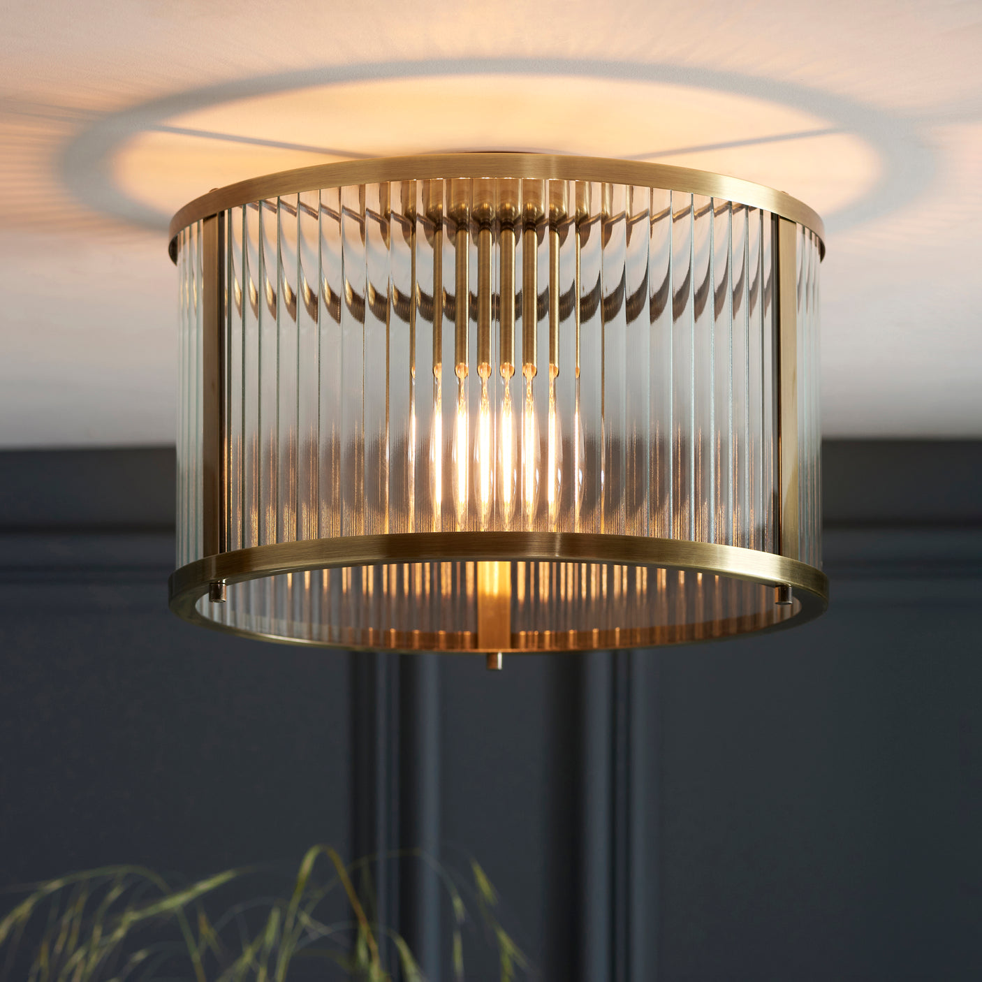 Lacona Ridgemont 1Lt Indoor Flush Light In Antique Brass Plate & Clear Ribbed Glass Finish - Lacona Home 