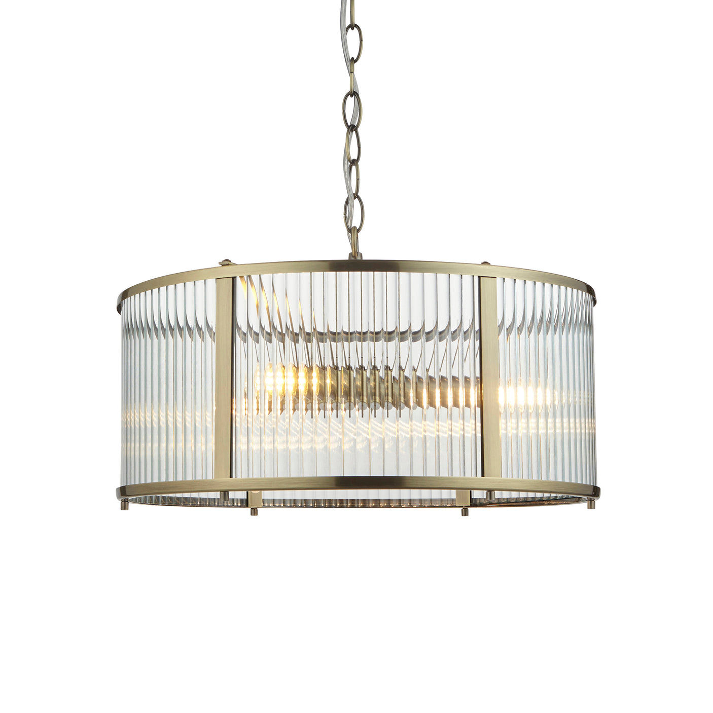 Lacona Ridgemont 3Lt Indoor Pendant Light In Antique Brass Plate & Clear Ribbed Glass Finish - Lacona Home 