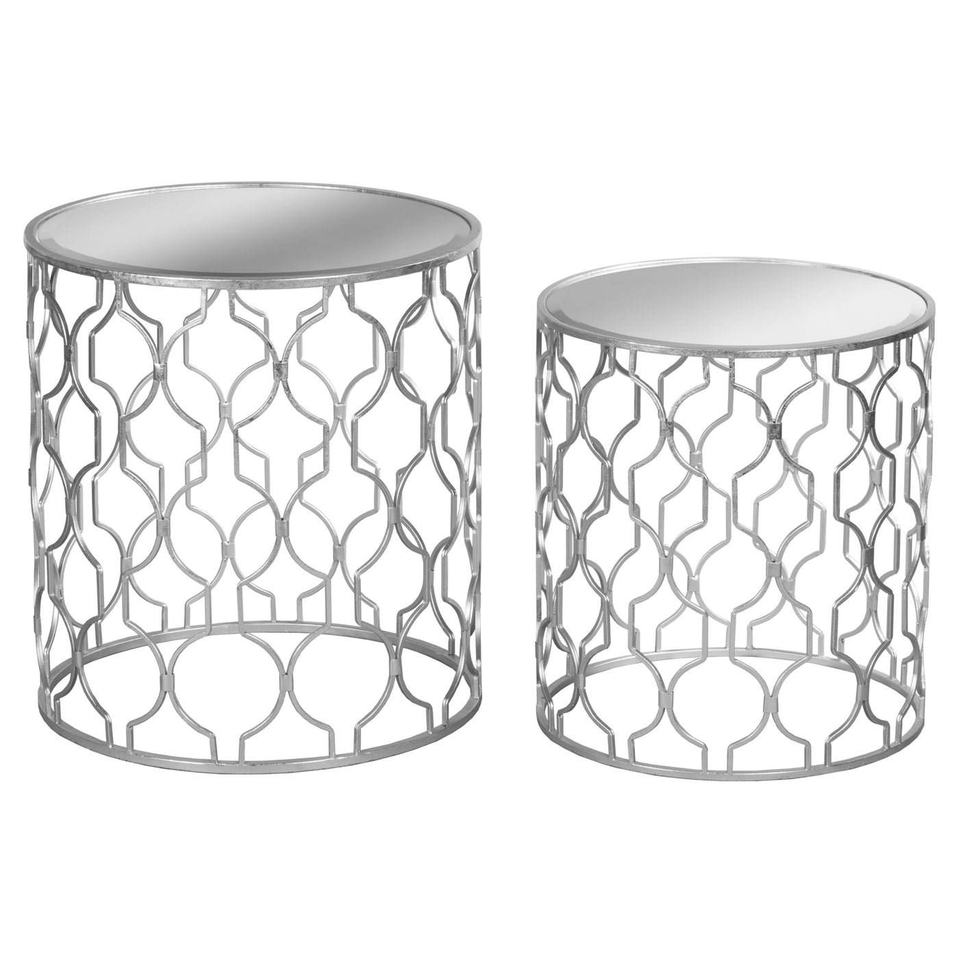 Set of Two Arabesque Silver Foil Mirrored Side Tables - Lacona Home 