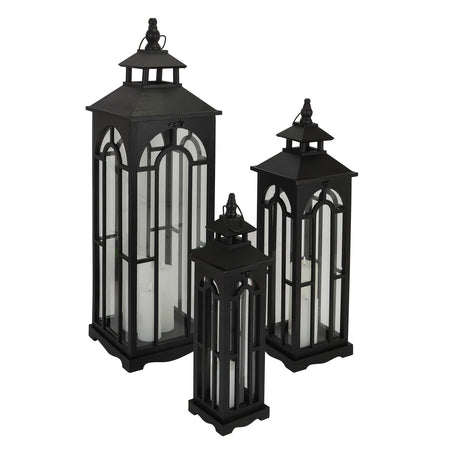 Set of Three Black Wooden Lanterns With Archway Design - Lacona Home 