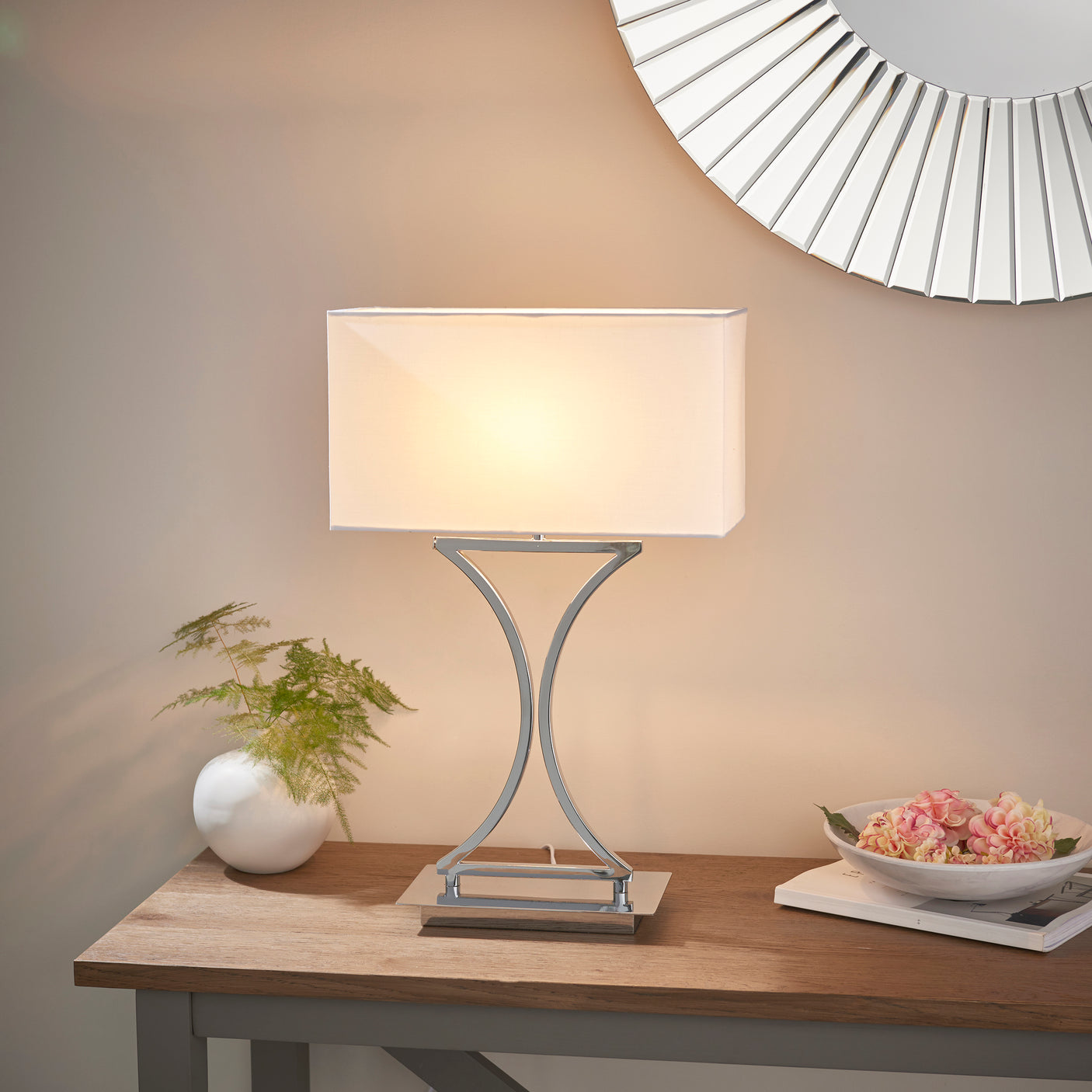 Lacona Cascade 1Lt Indoor Table Lamp In Chrome Plate & White Fabric Finish - Lacona Home 