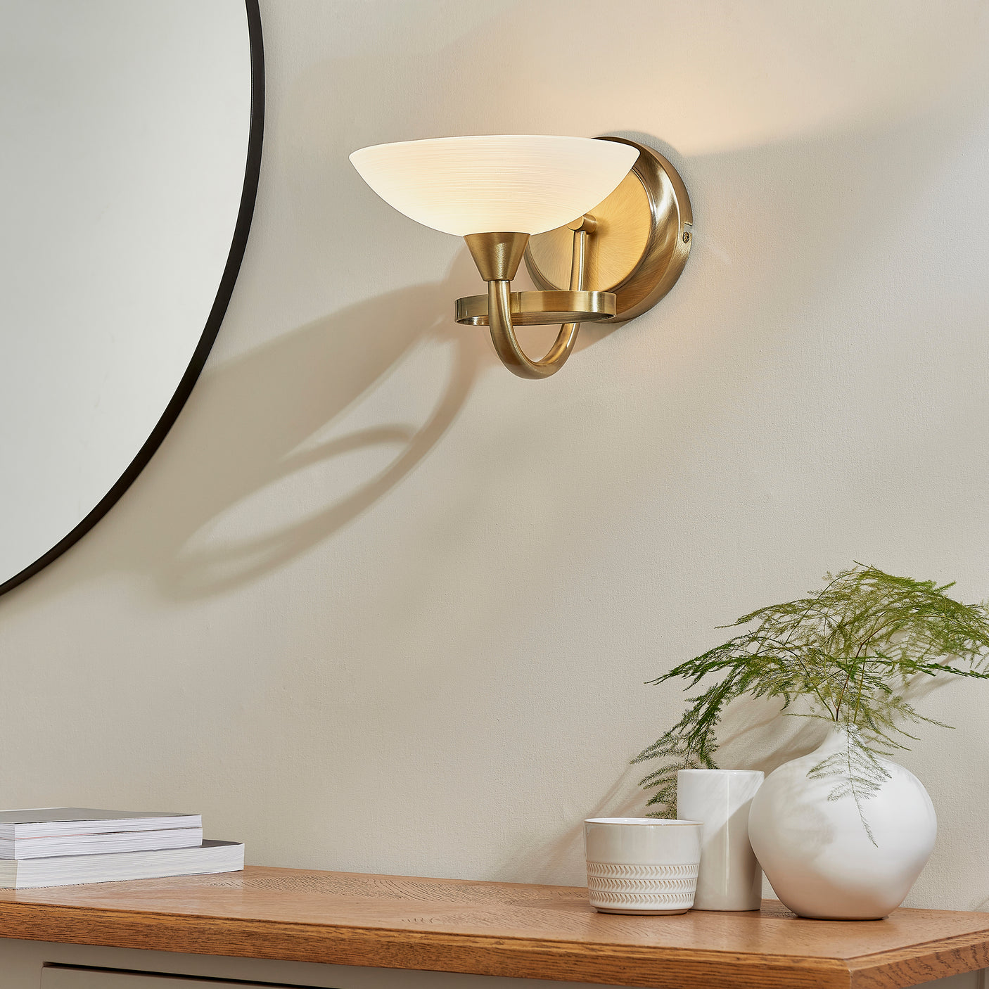 Lacona Bogart 1Lt Indoor Wall Light In Antique Brass Plate & White Glass Finish - Lacona Home 