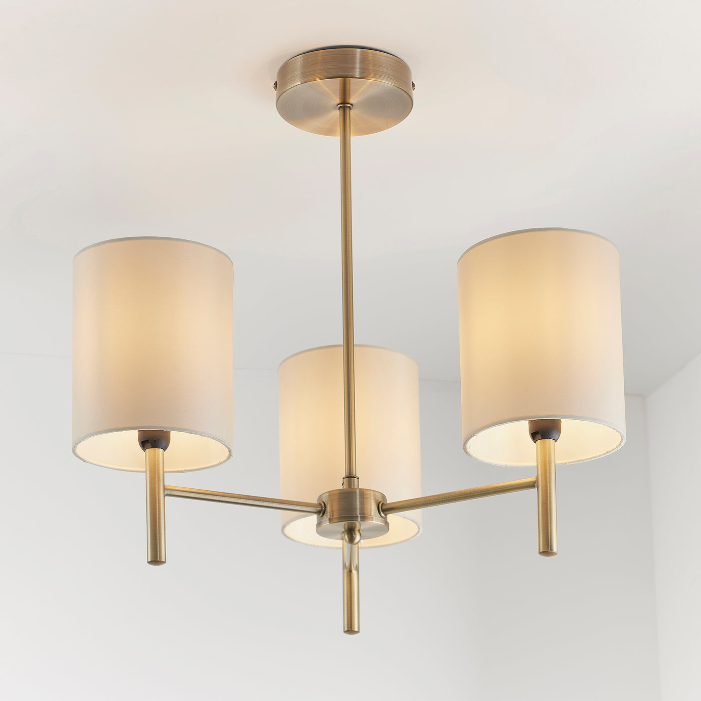 Lacona Vivace 3Lt Indoor Semi Flush Light In Antique Brass Plate & Cream Fabric Finish - Lacona Home 