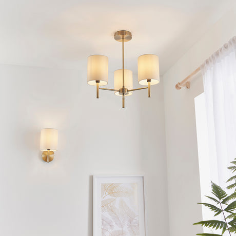 Lacona Vivace 3Lt Indoor Semi Flush Light In Antique Brass Plate & Cream Fabric Finish - Lacona Home 