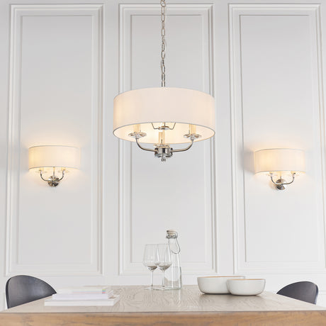 Lacona Statesman 3Lt Indoor Pendant Light In Bright Nickel Plate & Vintage White Fabric Finish - Lacona Home 