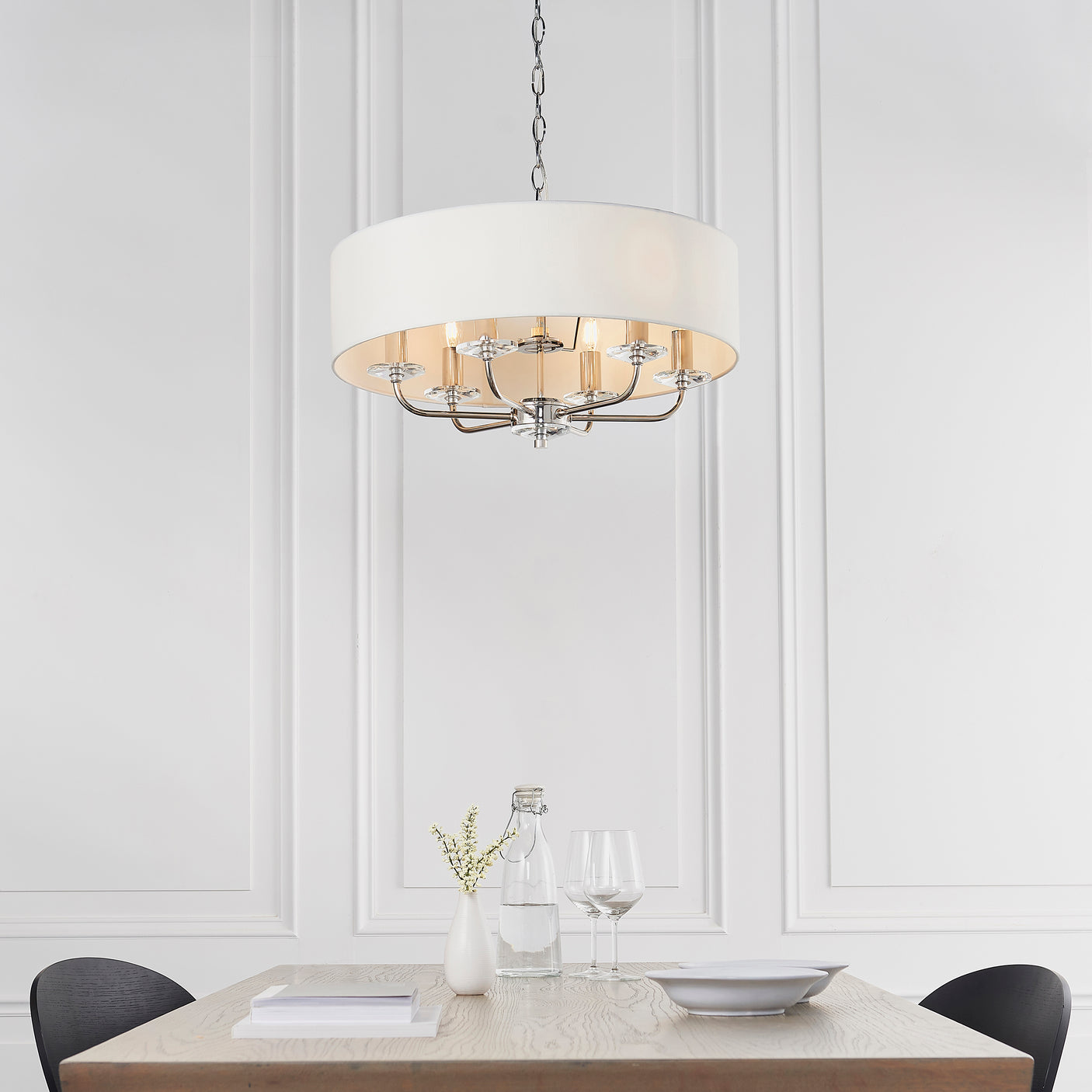 Lacona Statesman 6Lt Indoor Pendant Light In Bright Nickel Plate & Vintage White Fabric Finish - Lacona Home 