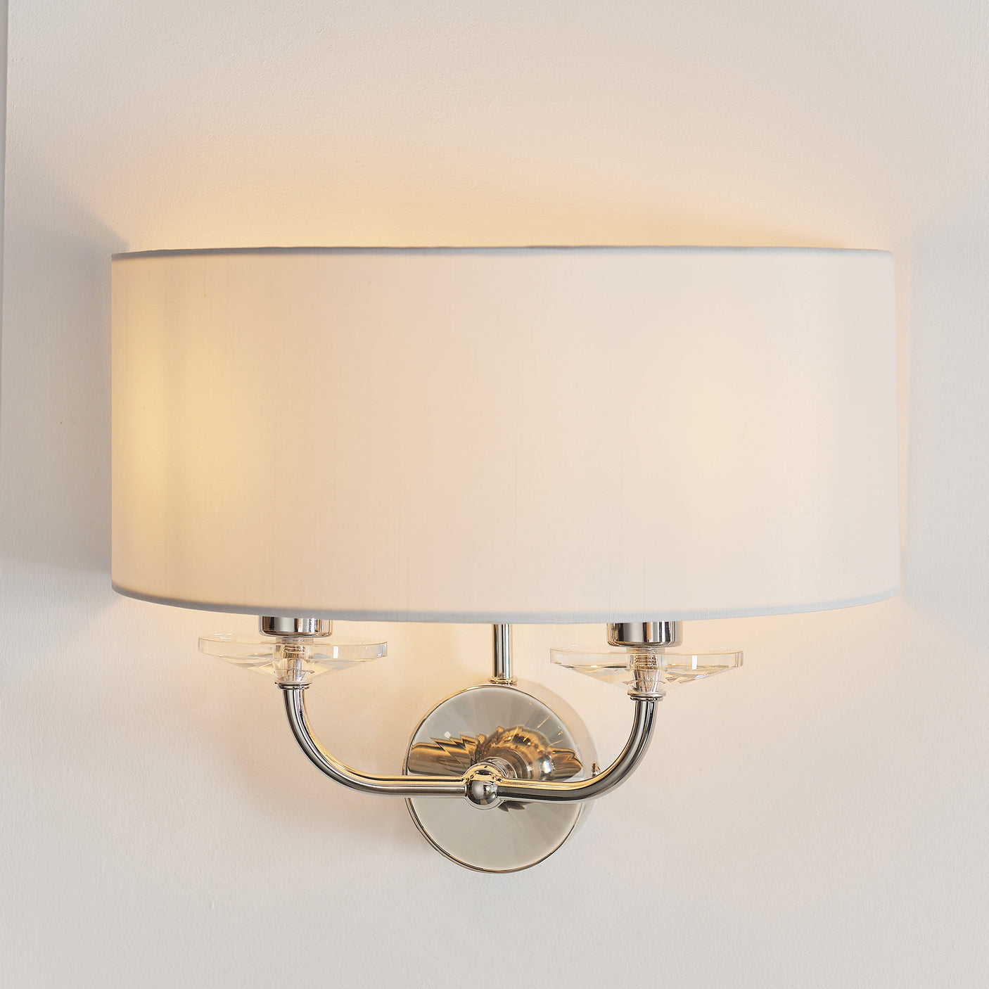 Lacona Statesman 2Lt Indoor Wall Light In Bright Nickel Plate & Vintage White Fabric Finish - Lacona Home 