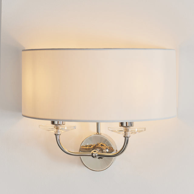 Lacona Statesman 2Lt Indoor Wall Light In Bright Nickel Plate & Vintage White Fabric Finish - Lacona Home 