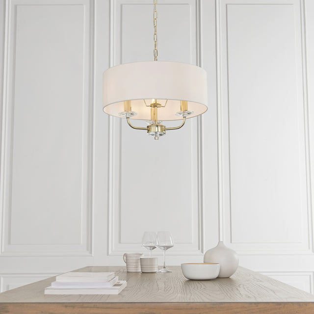 Lacona Statesman 3Lt Indoor Pendant Light In Brass Plate & Vintage White Fabric Finish - Lacona Home 