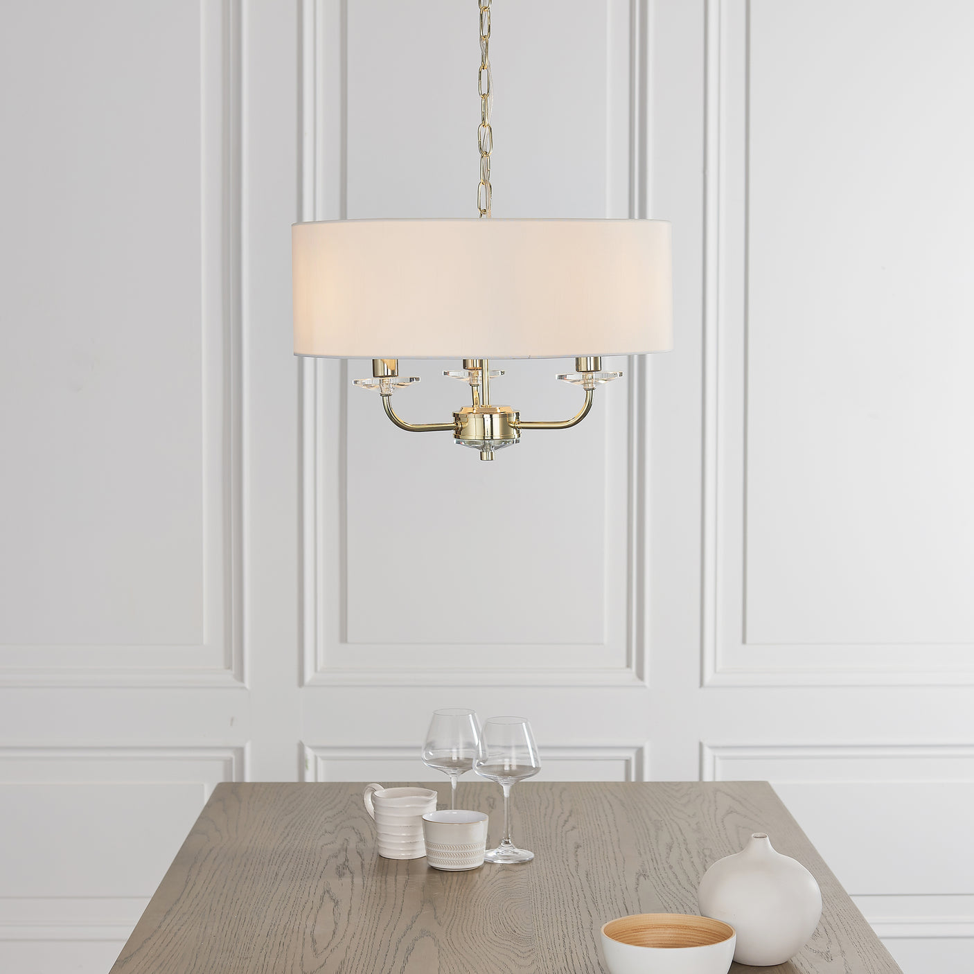 Lacona Statesman 3Lt Indoor Pendant Light In Brass Plate & Vintage White Fabric Finish - Lacona Home 