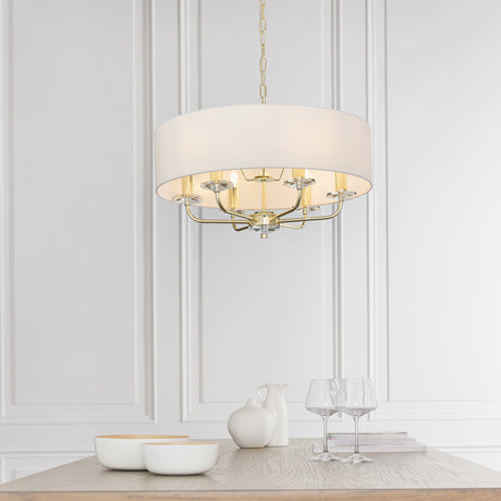 Lacona Statesman 6Lt Indoor Pendant Light In Brass Plate & Vintage White Fabric Finish - Lacona Home 