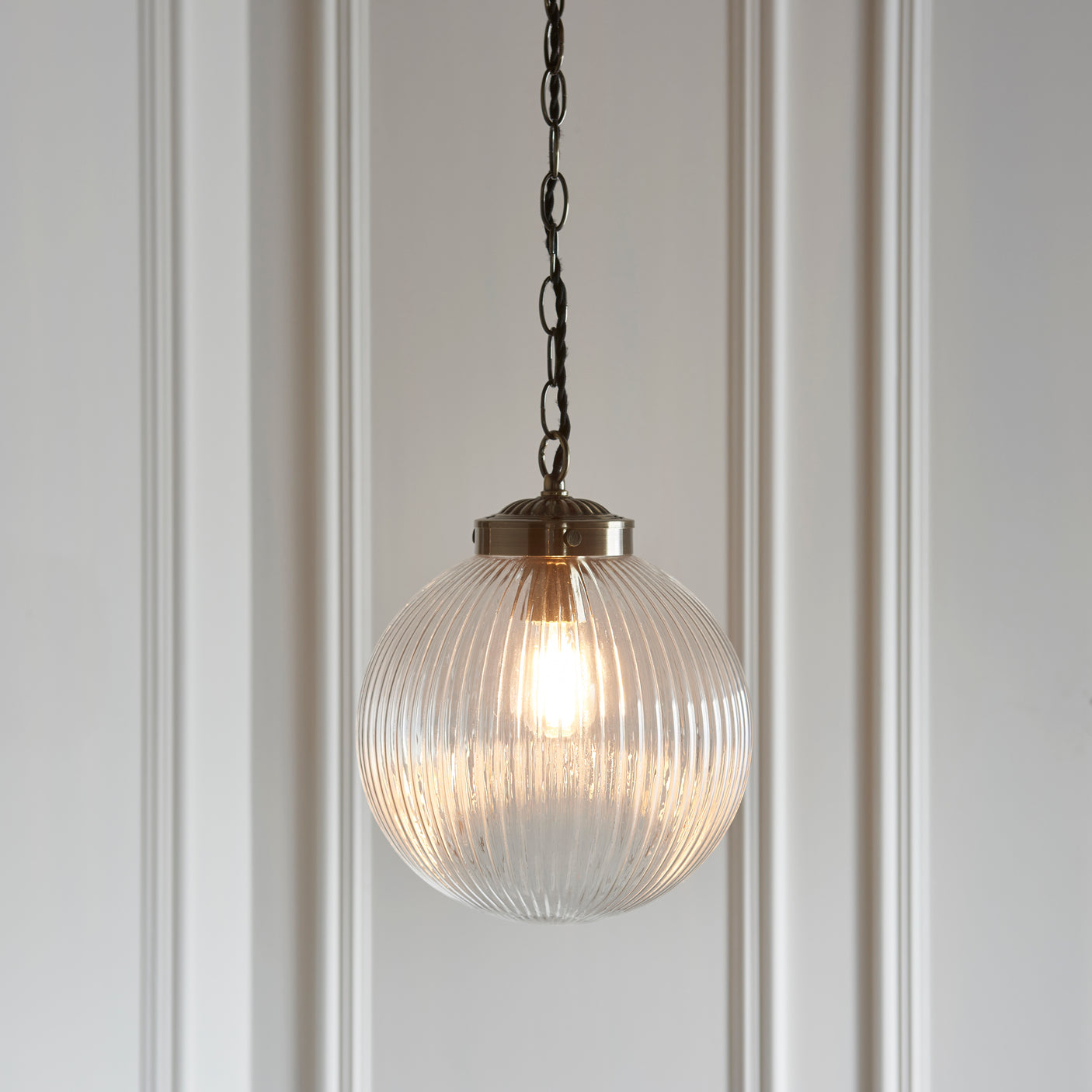 Lacona Brighton 1Lt Indoor Pendant Light In Antique Brass Plate & Clear Ribbed Glass Finish - Lacona Home 