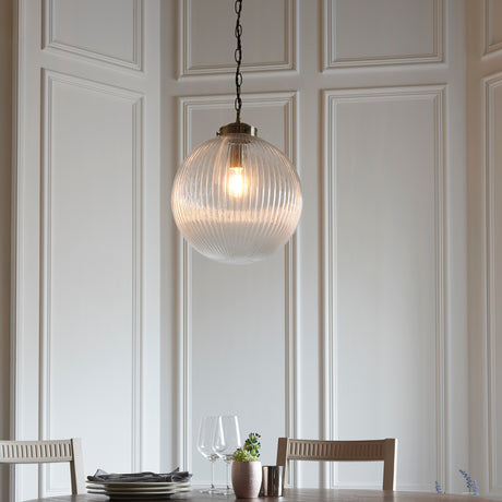 Lacona Brighton 1Lt Indoor Pendant Light In Antique Brass Plate & Clear Ribbed Glass Finish - Lacona Home 