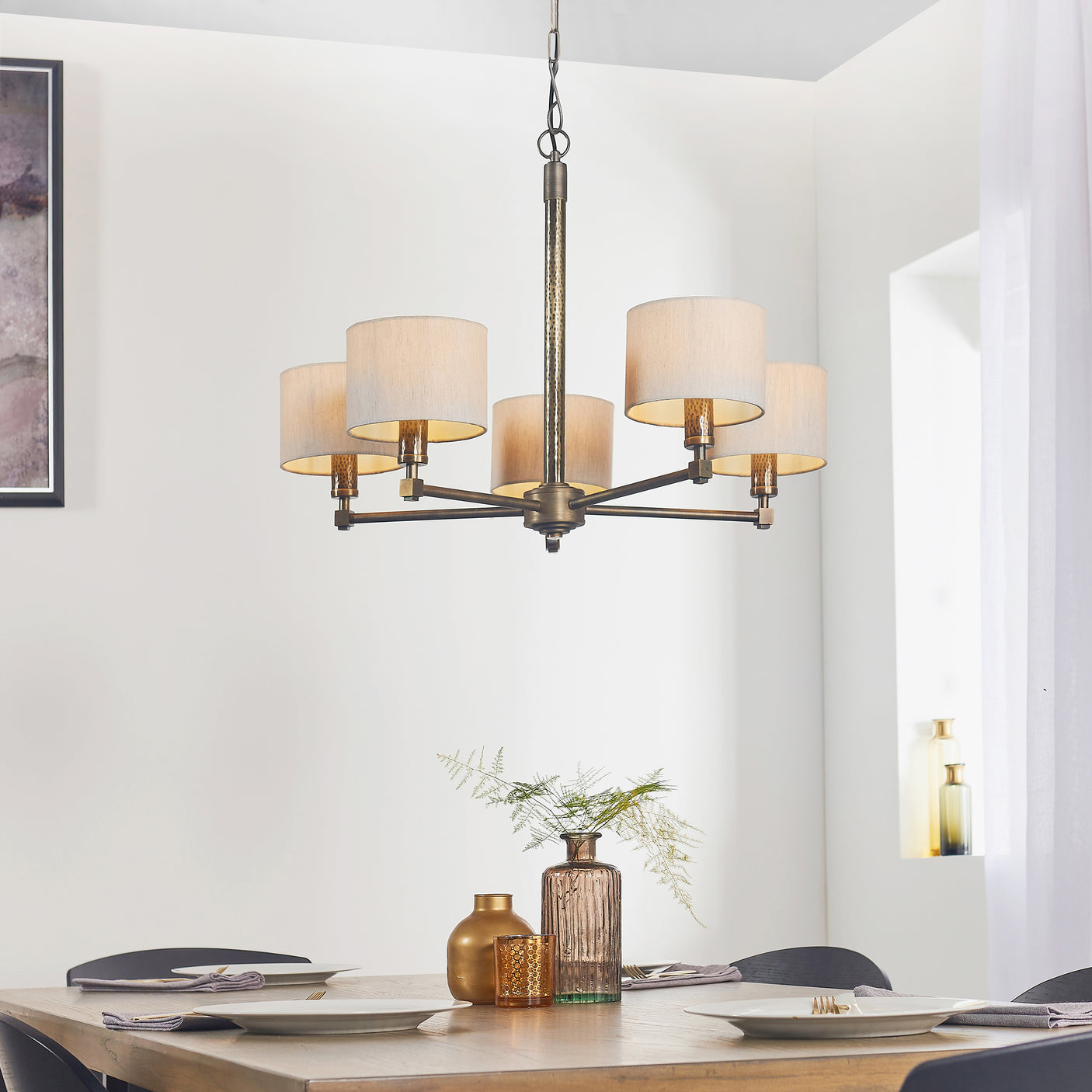 Lacona Indigo 5Lt Indoor Pendant Light In Hammered Bronze Plate & Natural Linen Mix Fabric Finish - Lacona Home 