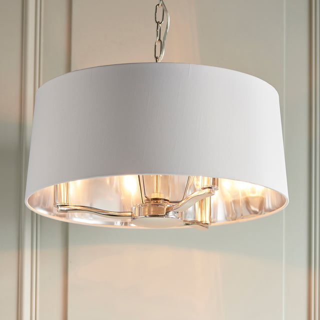 Lacona Luminary 3Lt Indoor Pendant Light In Bright Nickel Plate & Vintage White Fabric Finish - Lacona Home 