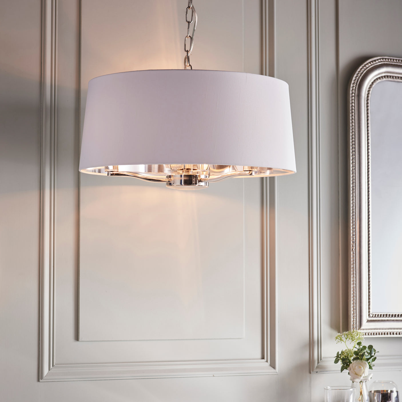 Lacona Luminary 3Lt Indoor Pendant Light In Bright Nickel Plate & Vintage White Fabric Finish - Lacona Home 