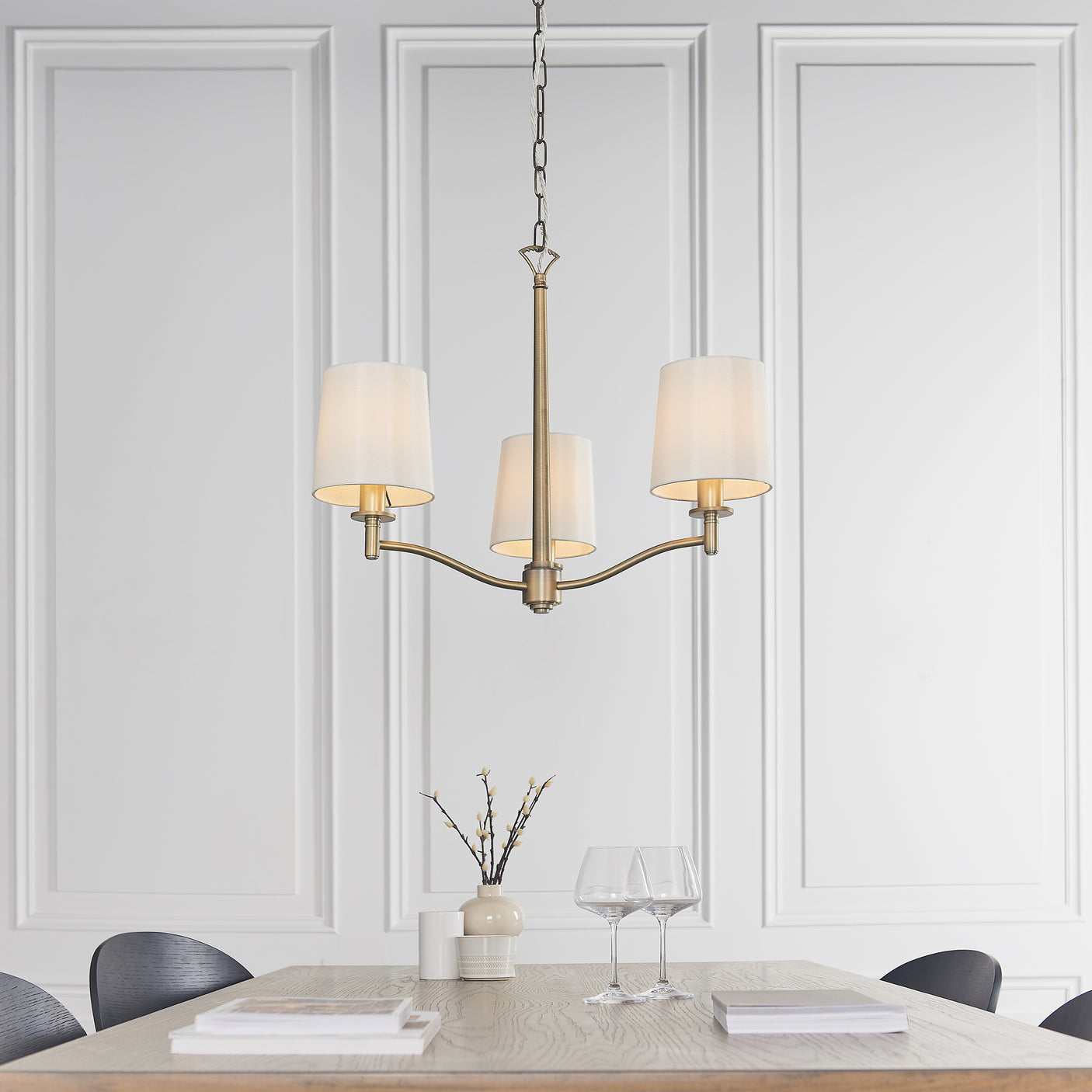 Lacona Abruzzo 3Lt Indoor Pendant Light In Matt Antique Brass Plate & Vintage White Fabric Finish - Lacona Home 