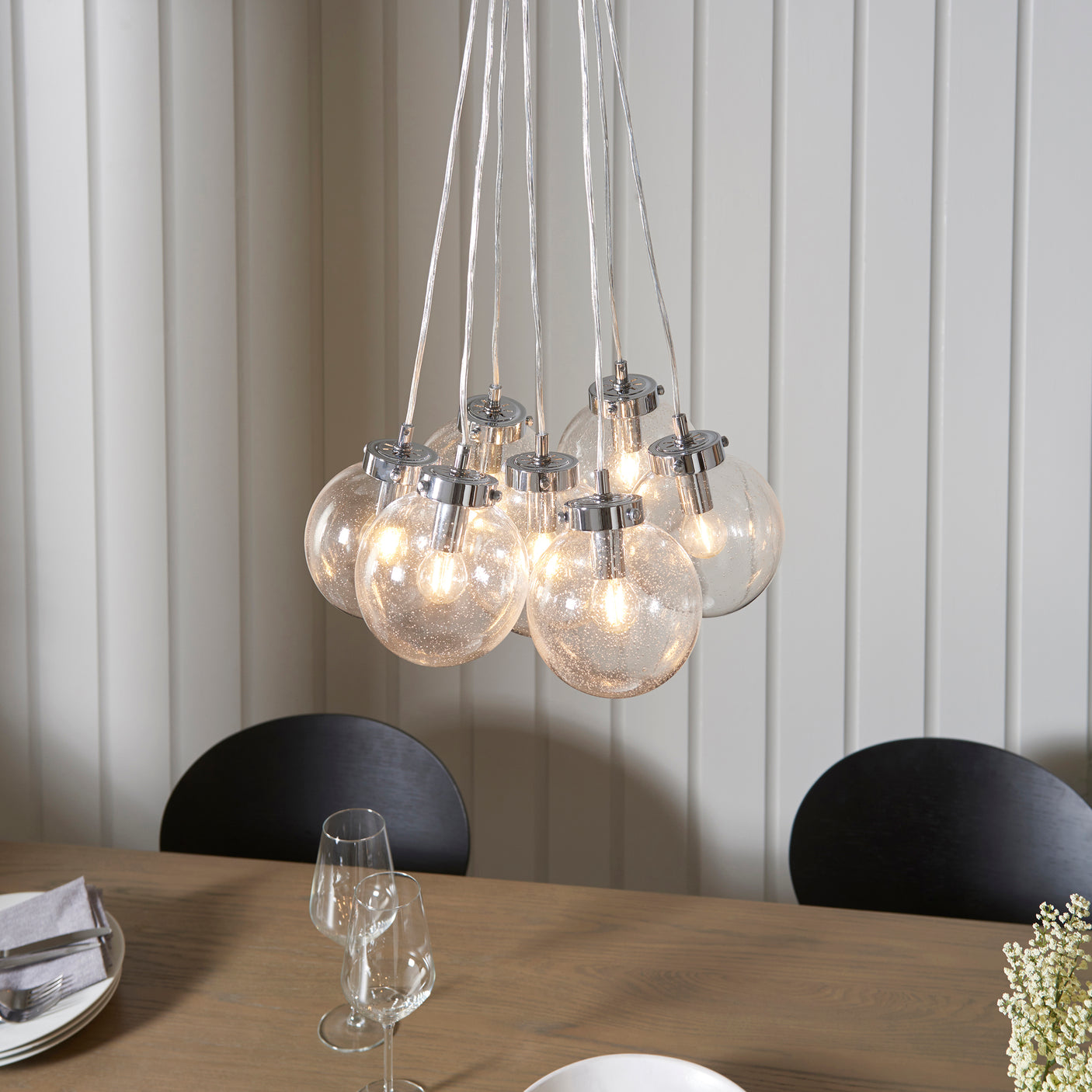 Lacona Marina 7Lt Indoor Pendant Light In Chrome Plate & Clear Glass With Bubbles Finish - Lacona Home 