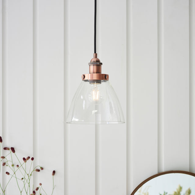 Lacona Hanley 1Lt Indoor Pendant Light In Aged Copper Plate & Clear Glass Finish - Lacona Home 