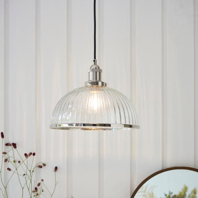 Lacona Hanley 1Lt Indoor Pendant Light In Bright Nickel Plate & Clear Ribbed Glass Finish - Lacona Home 