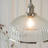 Lacona Hanley 1Lt Indoor Pendant Light In Bright Nickel Plate & Clear Ribbed Glass Finish - Lacona Home 