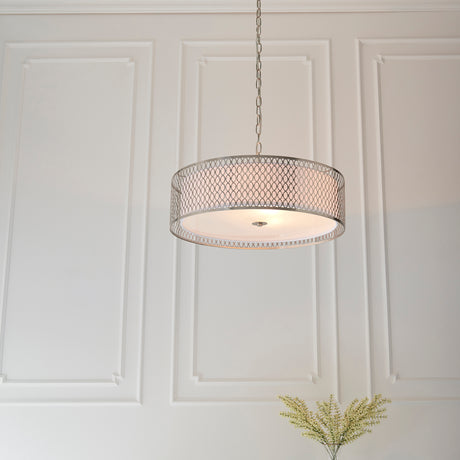 Lacona Corvus 3Lt Indoor Pendant Light In Satin Nickel Plate, White Fabric & Frosted Glass Finish - Lacona Home 