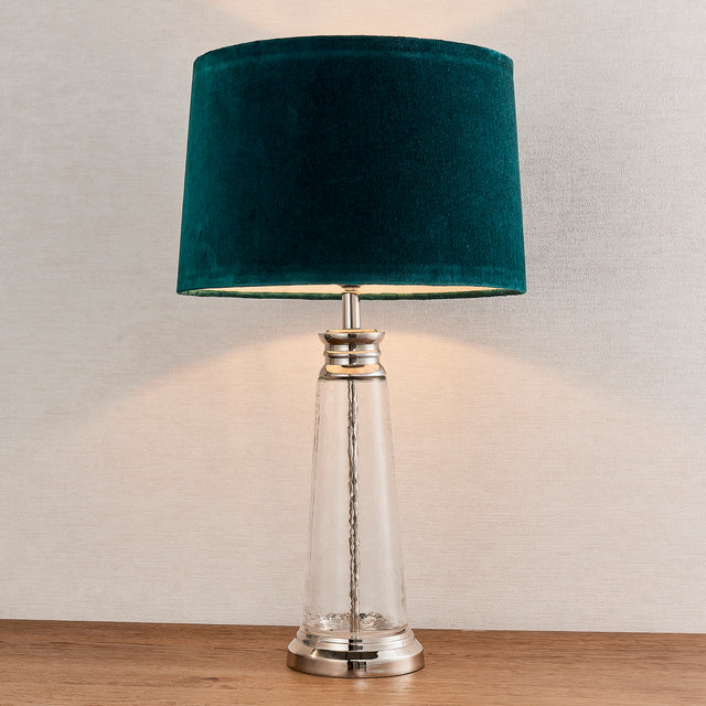 Lacona Waverly 1Lt Indoor Table Lamp In Clear Hammered Glass & Bright Nickel Plate With Teal Velvet Finish - Lacona Home 