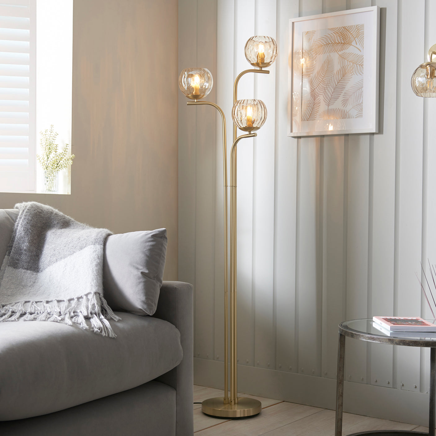 Lacona Divot 3Lt Indoor Floor Lamp In Satin Brass Plate & Champagne Lustre Glass Finish - Lacona Home 