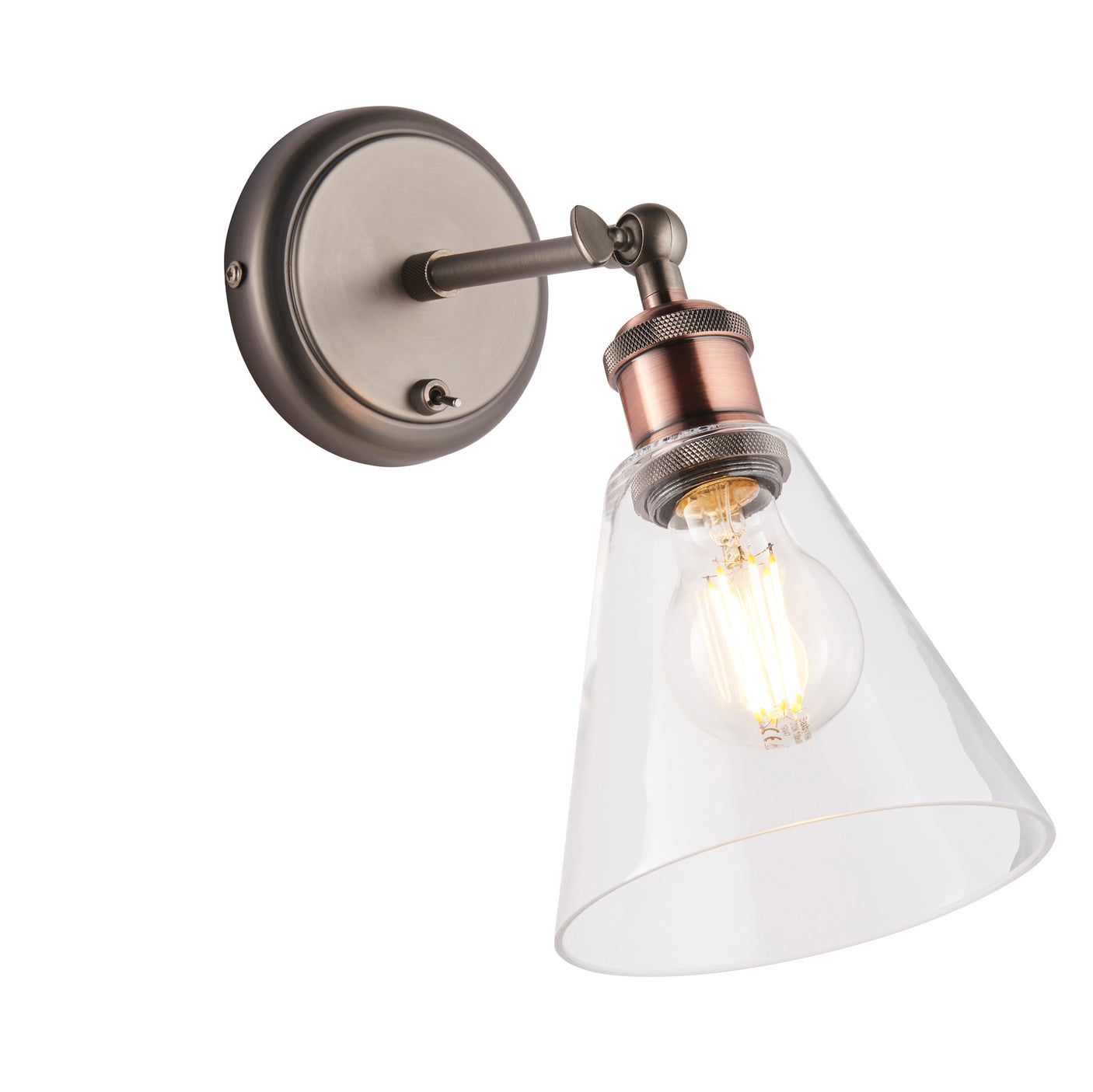 Lacona Helios 1Lt Indoor Wall Light In Aged Pewter, Aged Copper Plate & Clear Glass Finish - Lacona Home 