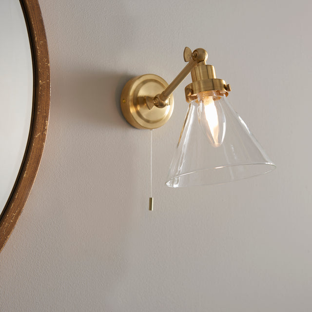 Lacona Flux 1Lt Bathroom Wall Light In Satin Brass Plate & Clear Glass Finish - Lacona Home 