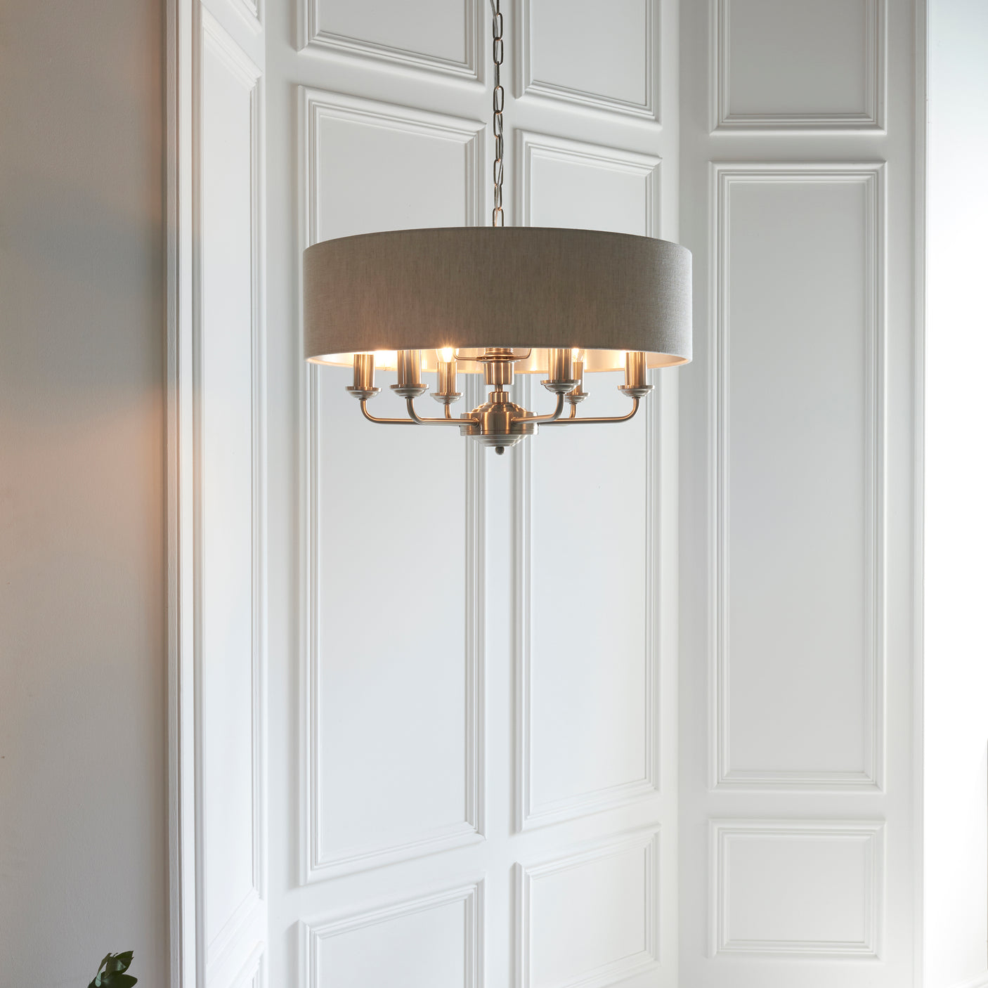 Lacona Highgate 6Lt Indoor Pendant Light In Brushed Chrome Plate & Natural Linen Finish - Lacona Home 