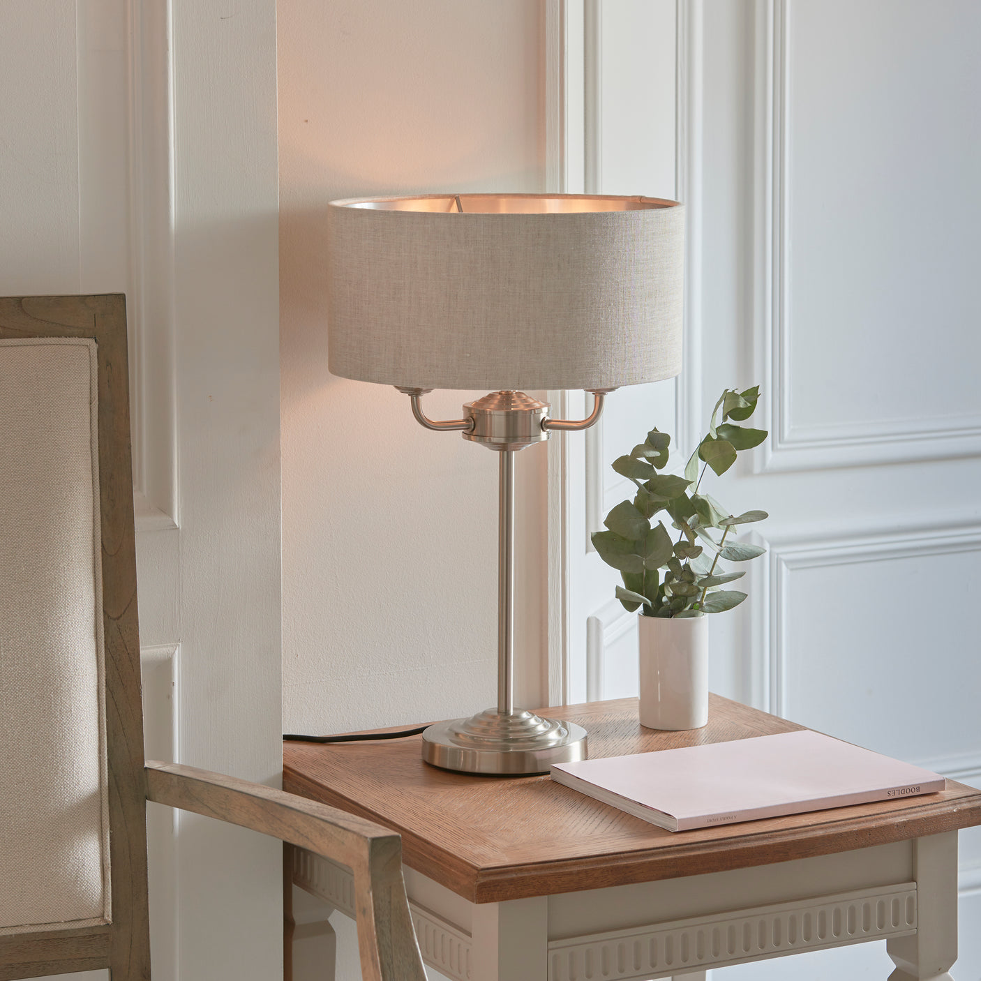 Lacona Highgate 3Lt Indoor Table Lamp In Brushed Chrome Plate & Natural Linen Finish - Lacona Home 