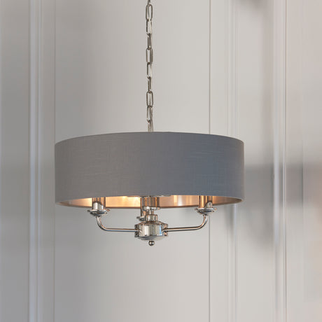 Lacona Highgate 3Lt Indoor Pendant Light In Bright Nickel Plate & Charcoal Fabric Finish - Lacona Home 