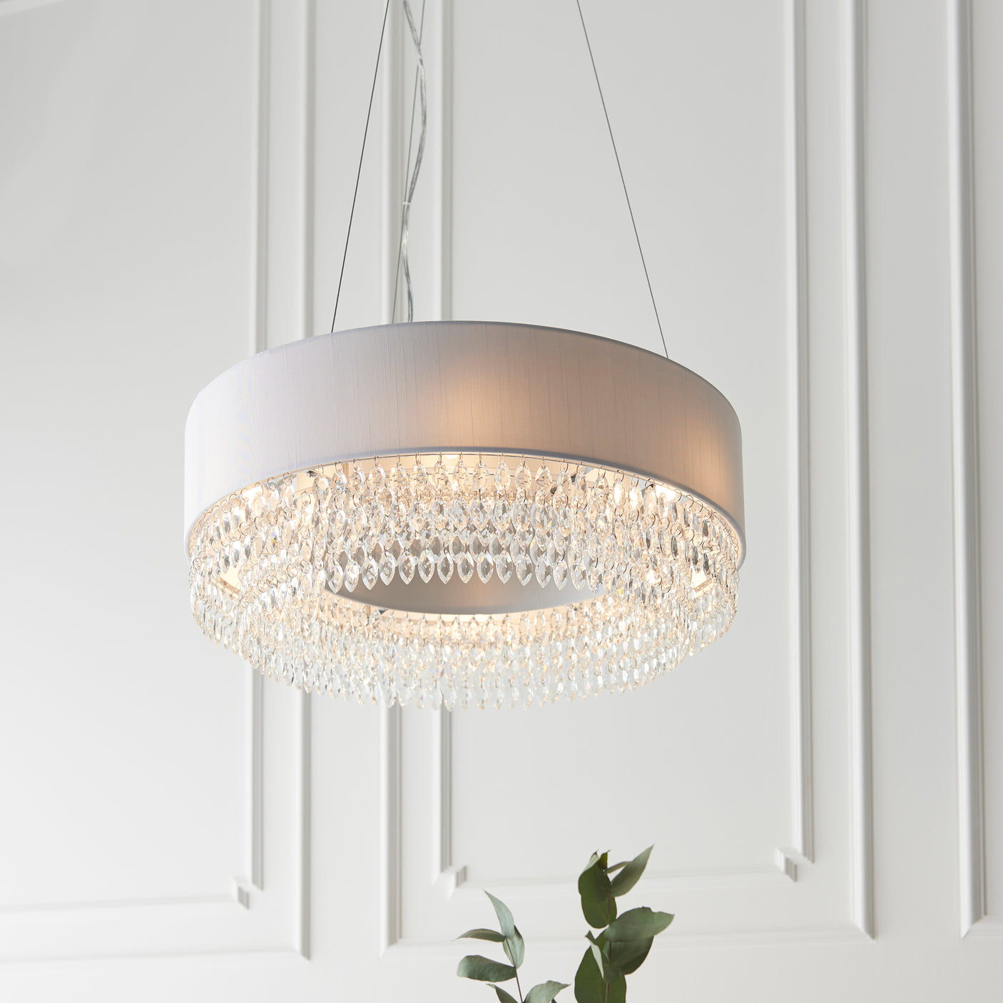 Lacona Monksbury 6Lt Indoor Pendant Light In Silver Grey Fabric, Clear Glass & Chrome Plate Finish - Lacona Home 