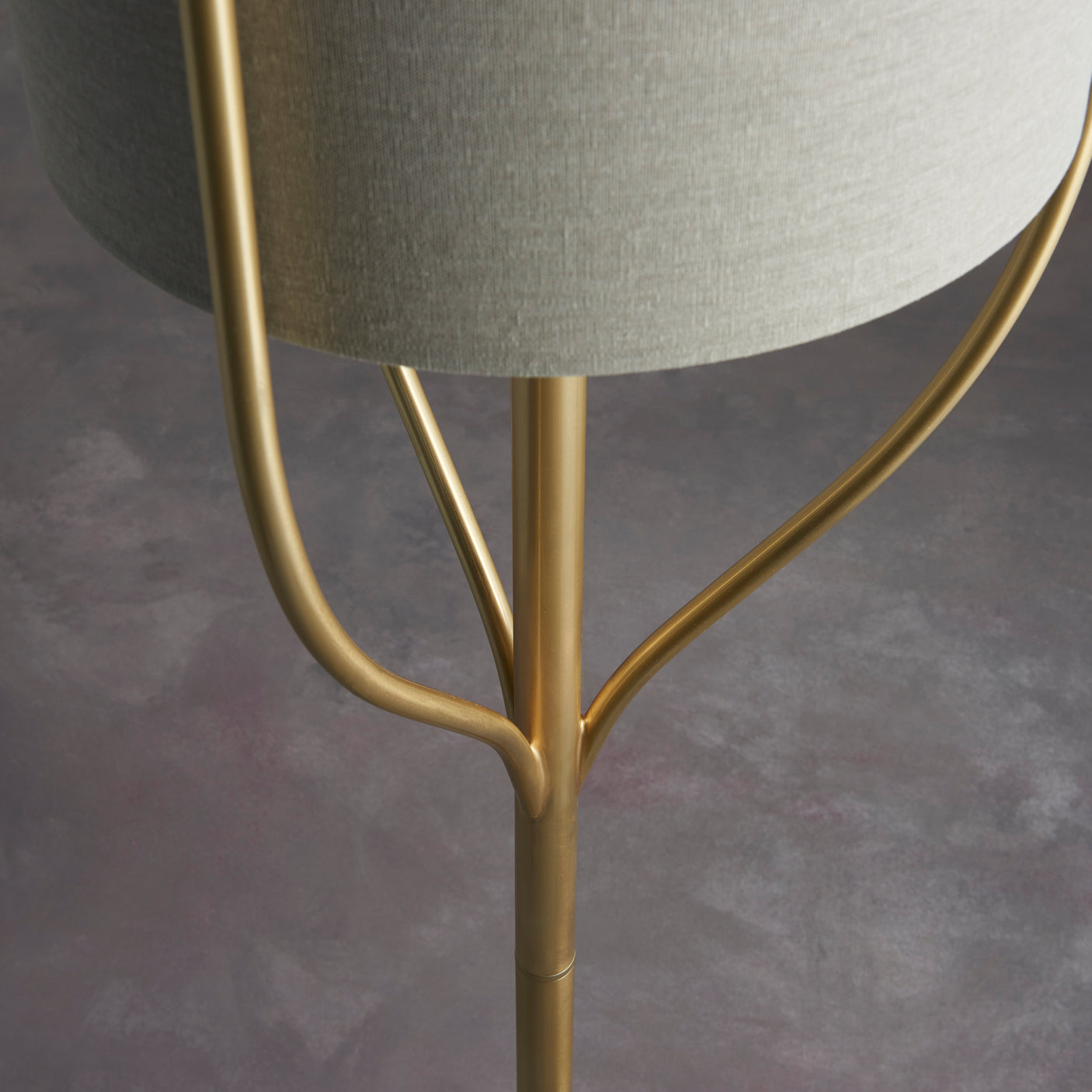 Fjord 1Lt Indoor Floor Lamp In Satin Brass Plate & Natural Linen Mix Fabric Finish