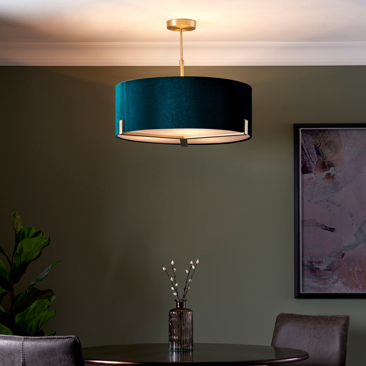 Lacona Meadowlark 3Lt Indoor Pendant Light In Matt Antique Brass Plate & Green Velvet Finish - Lacona Home 