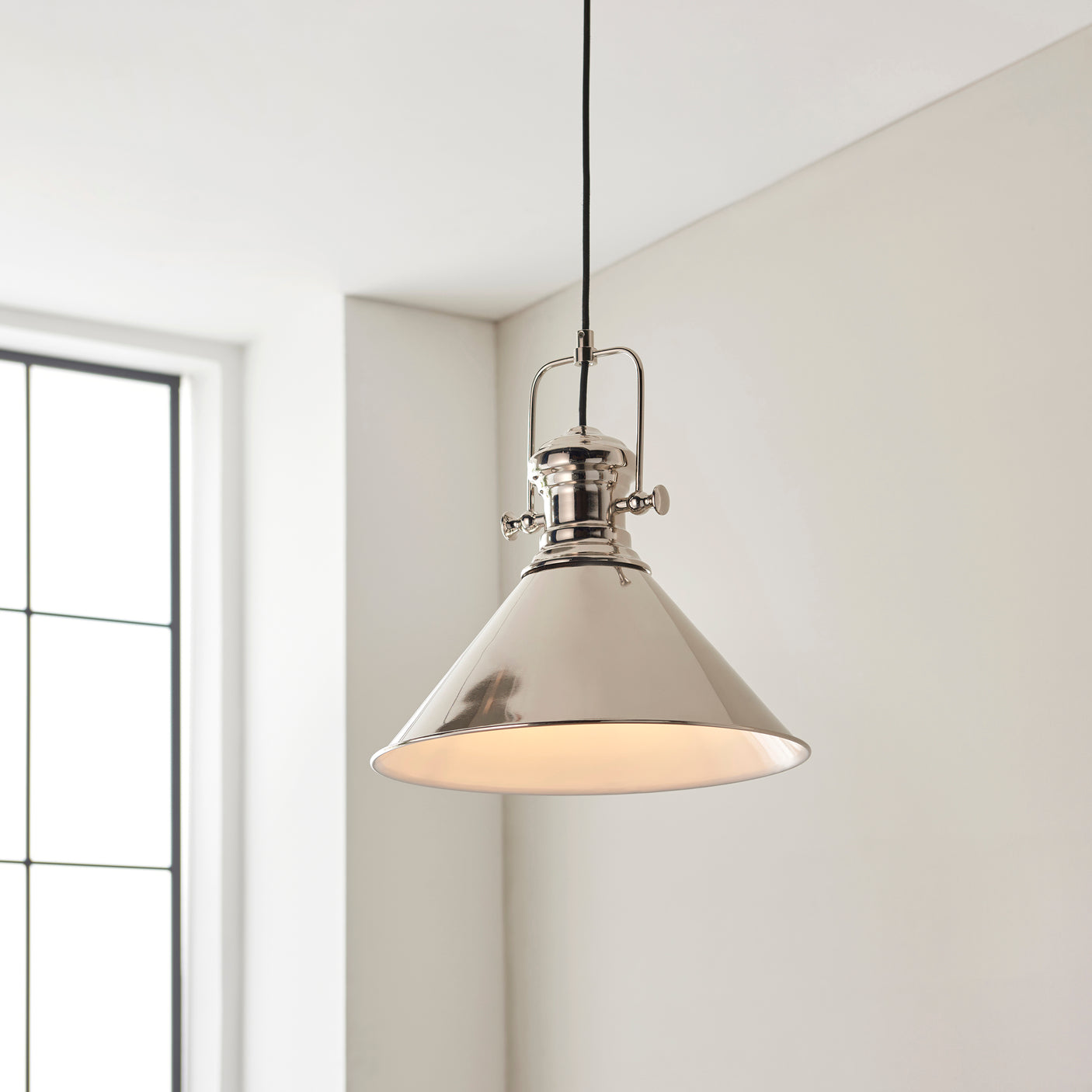 Lacona Moonda 1Lt Indoor Pendant Light In Bright Nickel Plate & Gloss White Finish - Lacona Home 