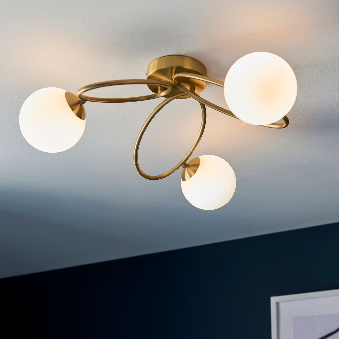 Lacona Ovoid 3Lt Indoor Semi Flush Light In Satin Brass Plate & Matt Opal Glass Finish - Lacona Home 