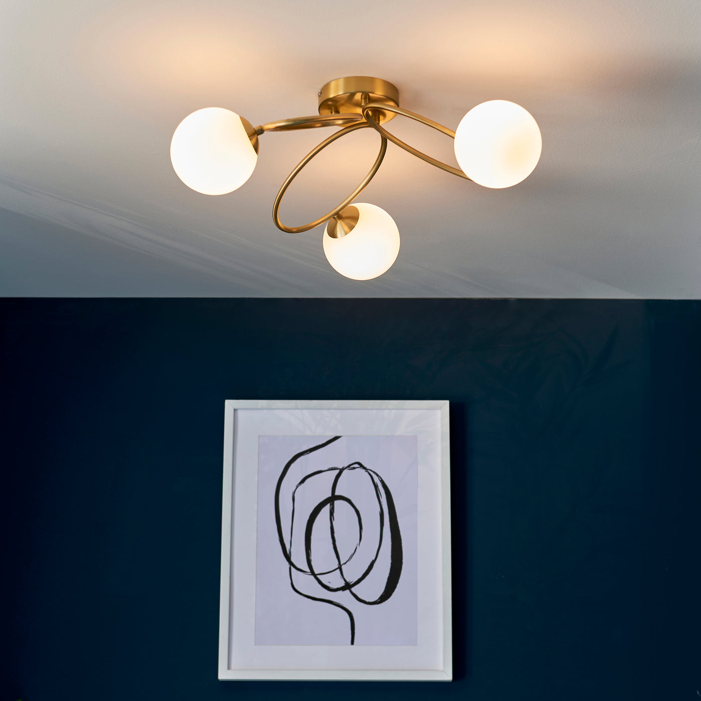 Lacona Ovoid 3Lt Indoor Semi Flush Light In Satin Brass Plate & Matt Opal Glass Finish - Lacona Home 